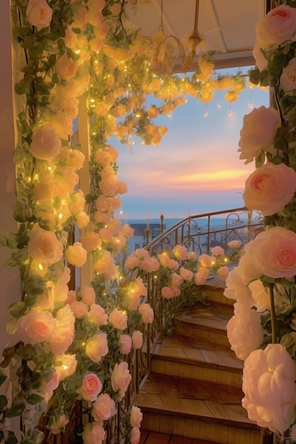 il y a beaucoup de roses roses qui poussent dans les escaliers d'un bâtiment ai génératif