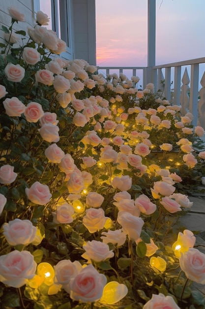 il y a beaucoup de roses roses qui poussent sur le porche ai génératif