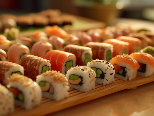 Il y a beaucoup de rouleaux de sushi sur un plateau en bois sur une table ai générative