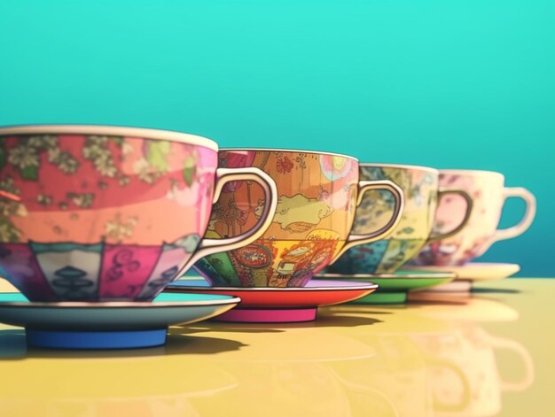 il y a beaucoup de tasses de couleurs différentes sur une table ai générative