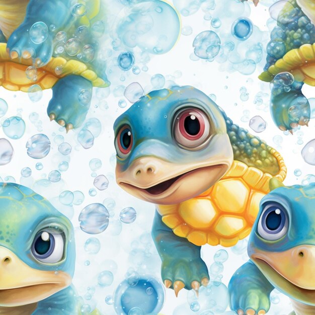 Il y a beaucoup de tortues qui nagent dans l'eau avec des bulles génératives ai