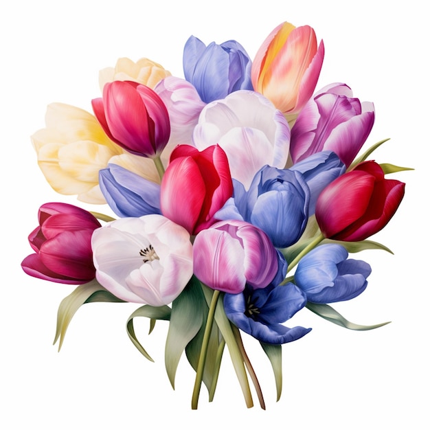 il y a beaucoup de tulipes de couleurs différentes dans un bouquet sur fond blanc ai générative