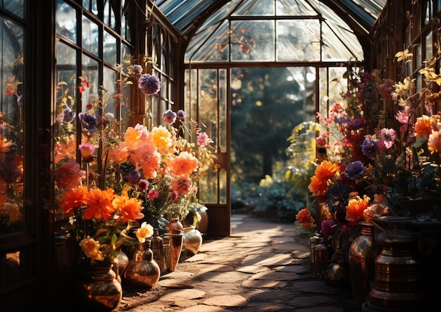 Il y a beaucoup de vases de fleurs au soleil dans la serre générative ai