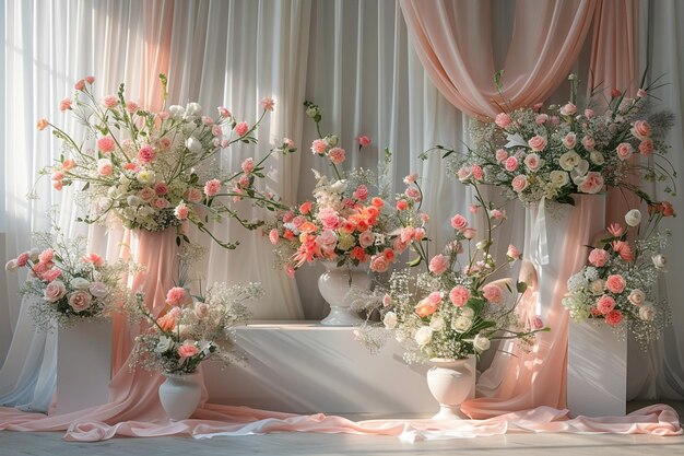 Il y a beaucoup de vases de fleurs sur une table avec un drapeau rose