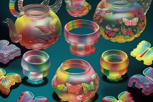 Il y a beaucoup de vases en verre de couleur différente et sur la table ai générative