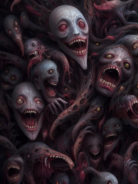 Photo il y a beaucoup de visages effrayants avec des yeux rouges et des dents ia générative