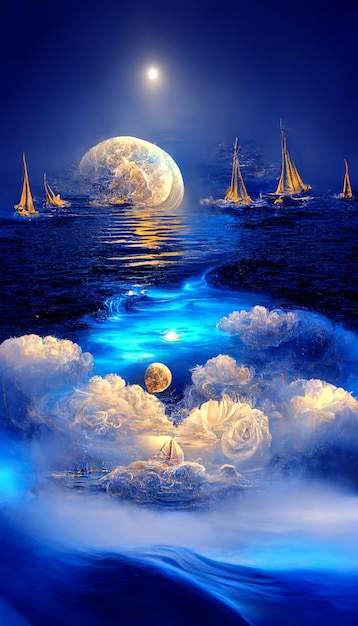 Il y a beaucoup de voiliers dans l'océan avec une lune pleine générative ai