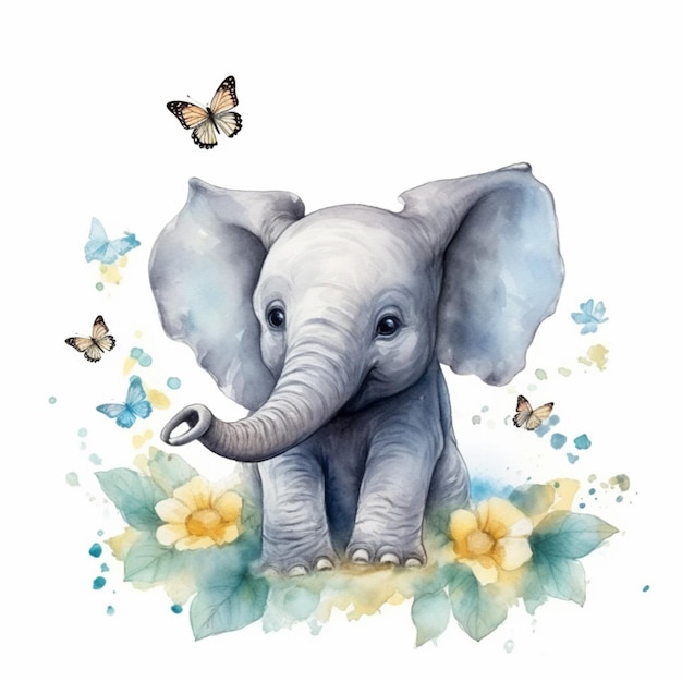 Il y a un bébé éléphant assis sur le sol avec des fleurs et des papillons ai génératif