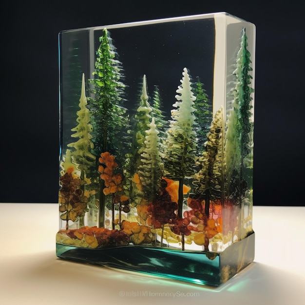 Il y a un bloc de verre avec une image d'une forêt à l'intérieur de l'ai génératif