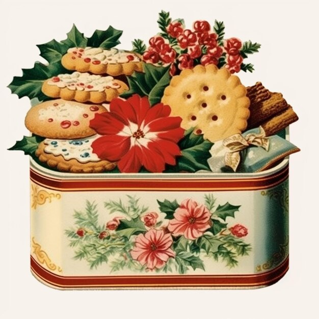 Photo il y a une boîte avec des biscuits et des fleurs dedans.