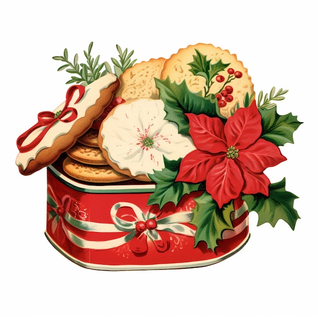 Photo il y a une boîte avec des biscuits et des poinsettis dedans.