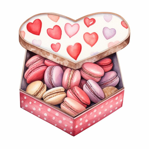 il y a une boîte avec une boîte en forme de coeur de macarons générative ai