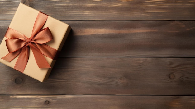 il y a une boîte cadeau marron avec un ruban rouge sur une table en bois ai générative