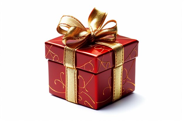 Il y a une boîte cadeau rouge avec un ruban doré dessus.