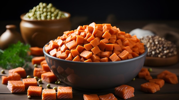 il y a un bol de carottes et de petits pois sur une table IA générative