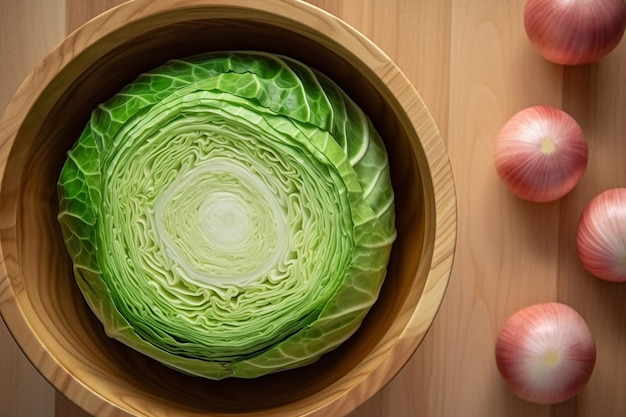 Il y a un bol de chou et d'oignons sur une table générative ai