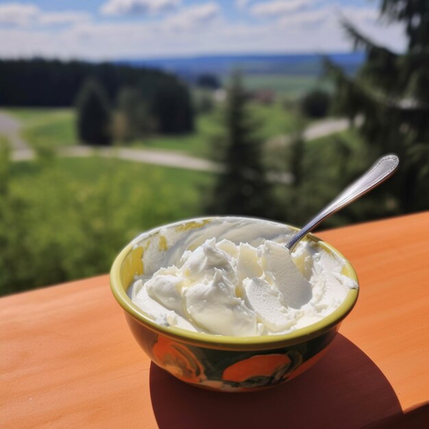 Il y a un bol de crème fouettée sur une table avec une vue générative ai