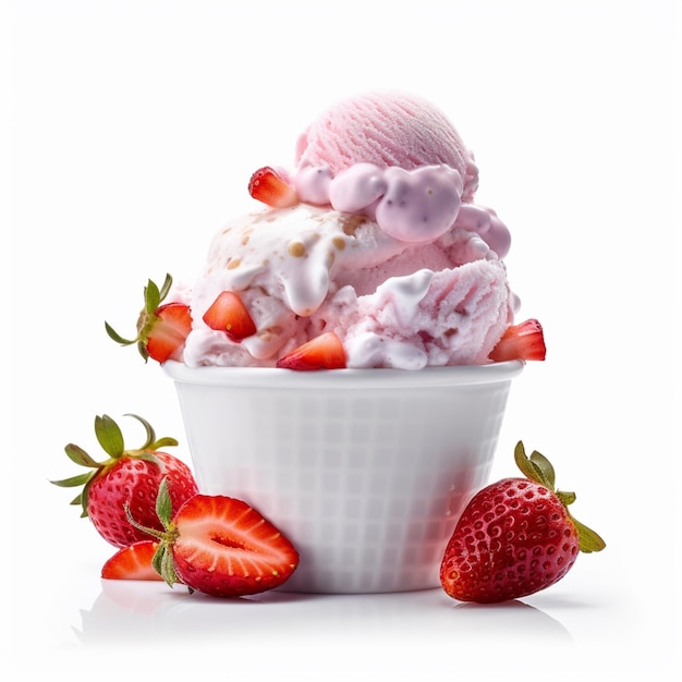 Il y a un bol de crème glacée avec des fraises sur le côté génératif ai