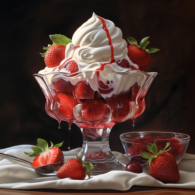 il y a un bol de fraises et de chantilly avec une cuillère ai générative