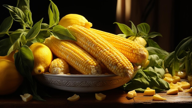 Il y a un bol de maïs et de citrons sur une table ai générative