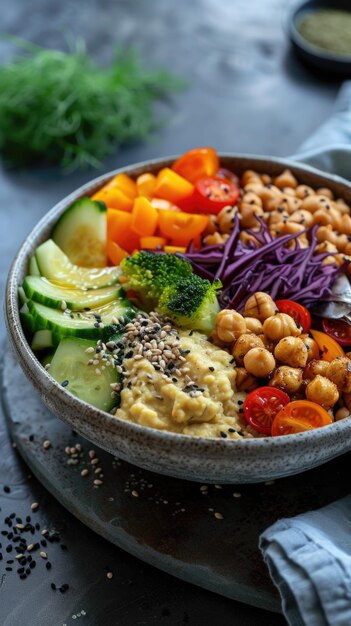 Il y a un bol de nourriture avec des légumes et des pois chiches dessus.