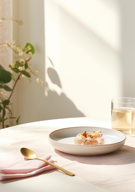 Il y a un bol de nourriture sur une table avec un verre d'eau générateur ai