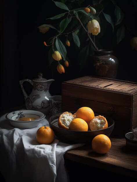 Photo il y a un bol d'oranges sur une table avec un vase de fleurs générative ai