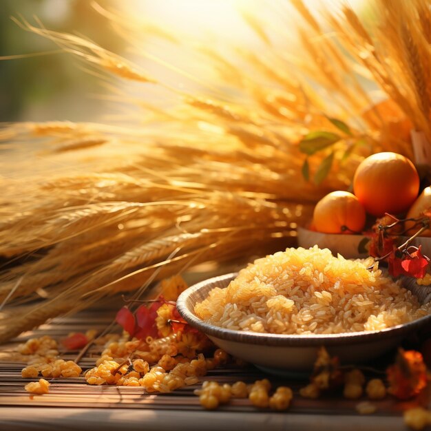 il y a un bol de riz et quelques oranges sur une table ai générative