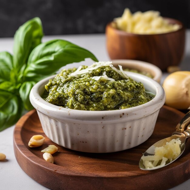 Il y a un bol de sauce pesto avec une cuiller et une cuillère générative ai