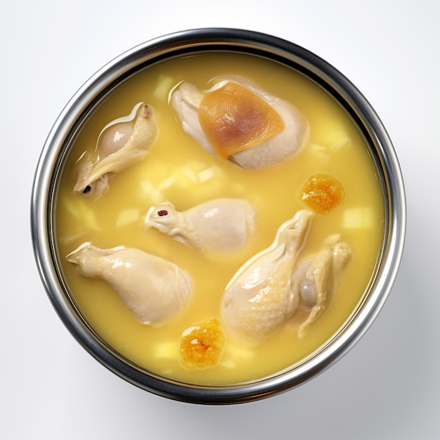 Il y a un bol de soupe avec du poulet et des oranges.