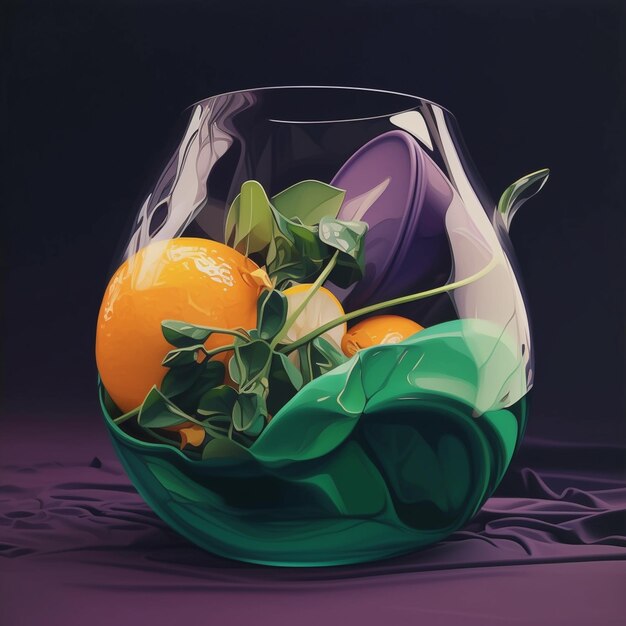 Photo il y a un bol de verre avec des oranges et des feuilles en lui.