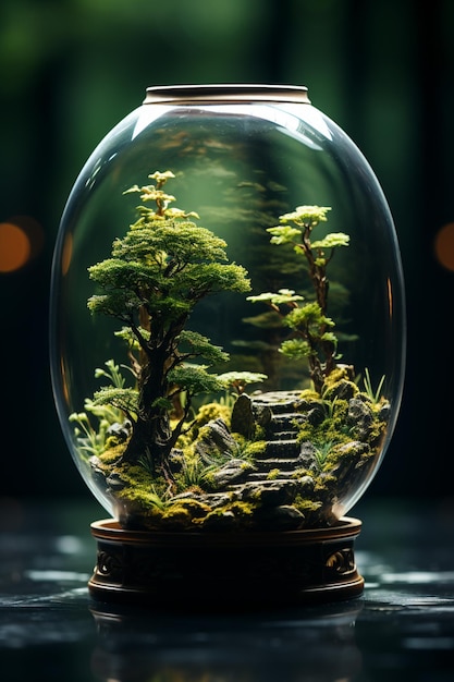 Il y a un bol de verre avec un petit arbre à l'intérieur.