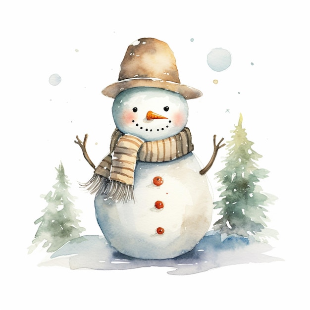 il y a un bonhomme de neige avec un chapeau et une écharpe debout dans la neige ai générative