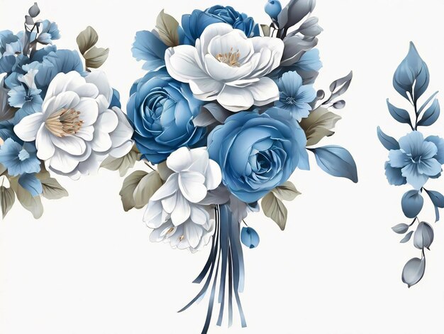 Il y a un bouquet de fleurs bleues avec des feuilles et des fleurs