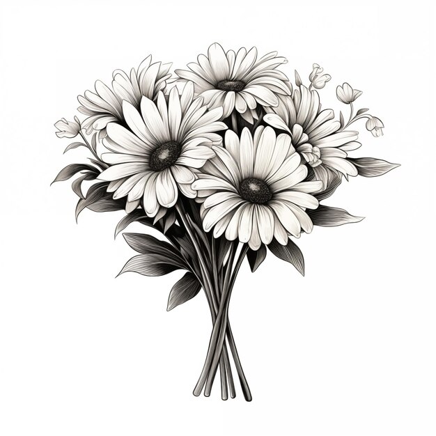 il y a un bouquet de fleurs dessiné en IA générative noir et blanc