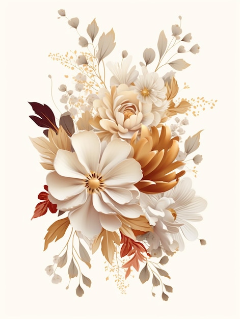 Il y a un bouquet de fleurs avec des feuilles et des fleurs sur un fond blanc génératif ai