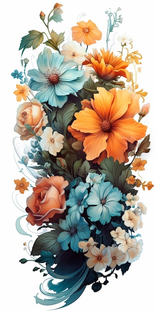 il y a un bouquet de fleurs avec des fleurs bleues et oranges generativ ai