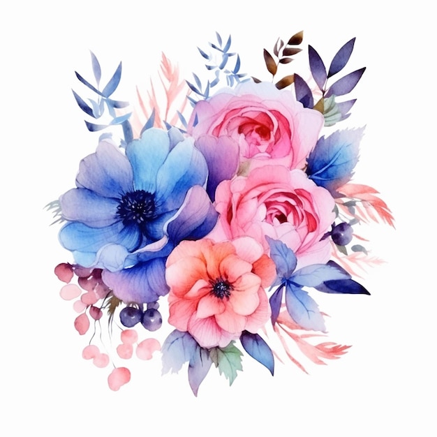 Il y a un bouquet de fleurs avec des fleurs bleues et roses générative ai