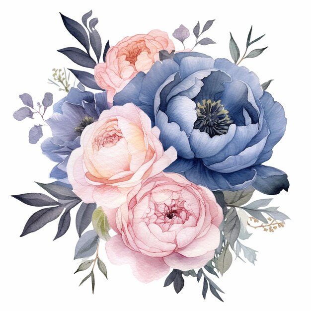 Il y a un bouquet de fleurs avec des fleurs bleues et roses génératives ai