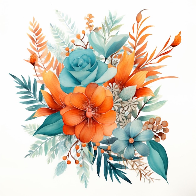 Il y a un bouquet de fleurs avec des fleurs orange et bleues générative ai