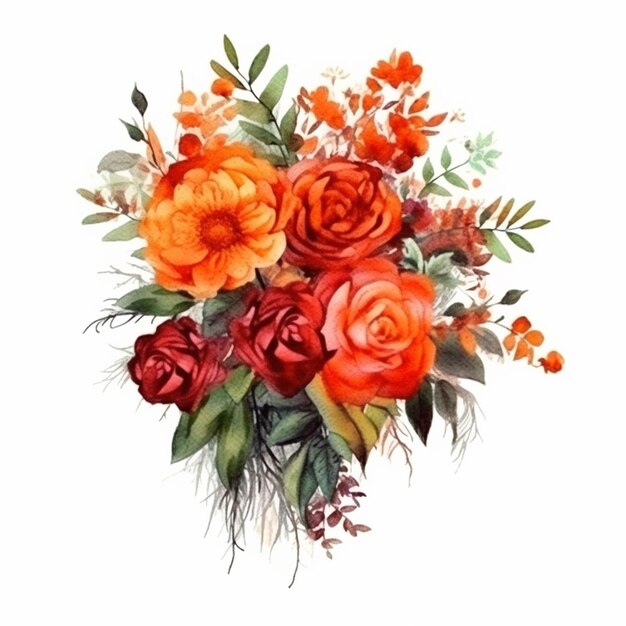 Il y a un bouquet de fleurs avec des fleurs oranges et rouges génératives ai