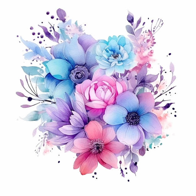 Il y a un bouquet de fleurs avec des fleurs violettes et bleues génératives ai