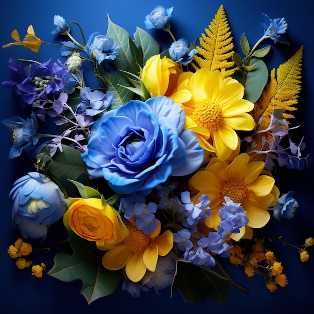 Il y a un bouquet de fleurs sur une surface bleue générative ai