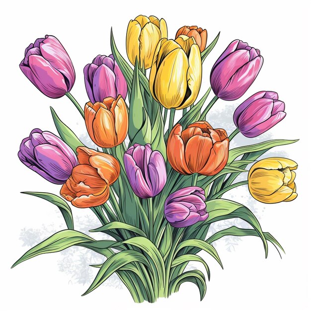 Il y a un bouquet de tulipes avec des couleurs différentes dessus.