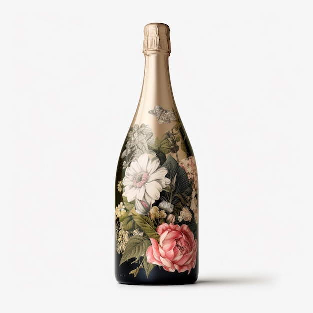 il y a une bouteille de champagne avec un motif floral dessus ai générative