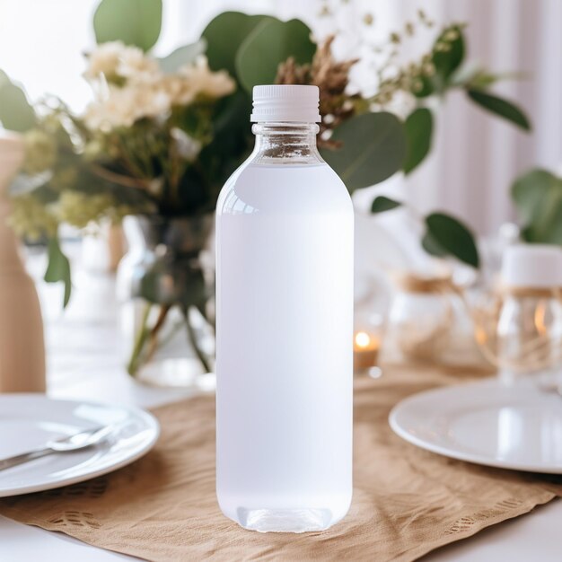 il y a une bouteille d'eau posée sur une table avec une assiette générative ai