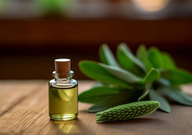 il y a une bouteille d'huile avec une plante verte sur la table ai générative