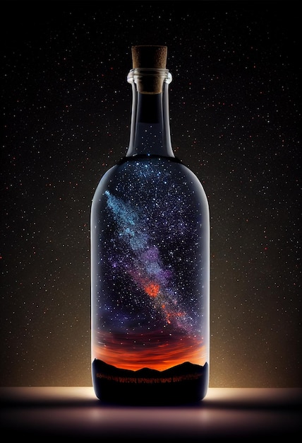 Il y a une bouteille avec une image d'un ciel à l'intérieur.
