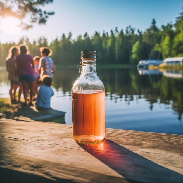 Il y a une bouteille de liquide assise sur une table à côté d'un lac génératif ai