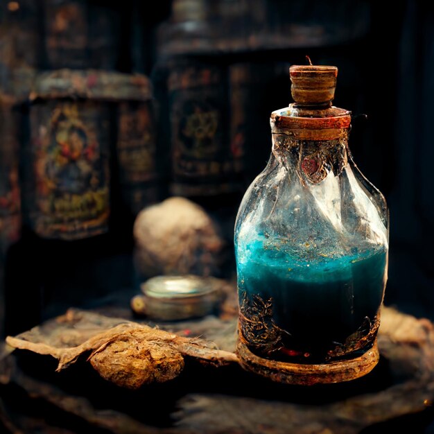 Il y a une bouteille de liquide bleu sur un plateau en bois.